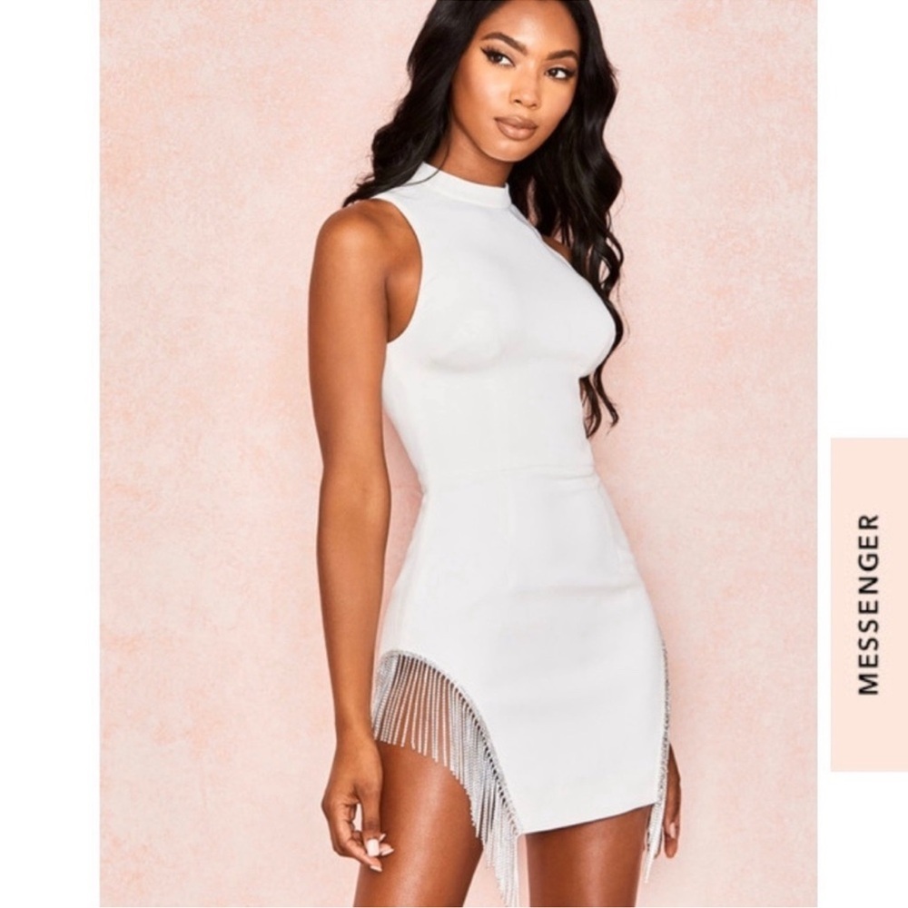HOUSE OF CB Charlize White Crystal Fringe Mini Dress XS Bridal Holiday - Picture 4 of 13